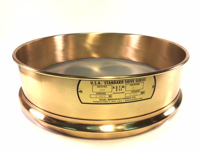 12" Sieve (Full Height) #200, Brass with Stainless Steel Mesh WITH backup cloth.